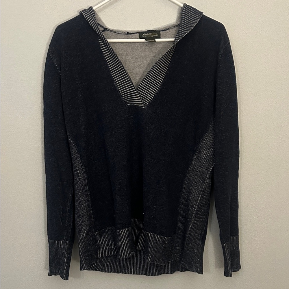 Eddie Bauer Women's Hooded V-Neck Sweater in Navy and White